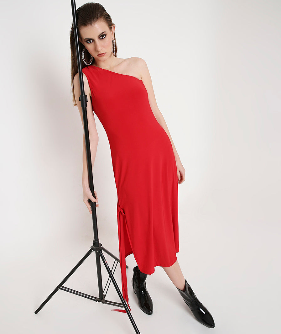 Off-Shoulder Cocktail Dress with a Side Sash-Red